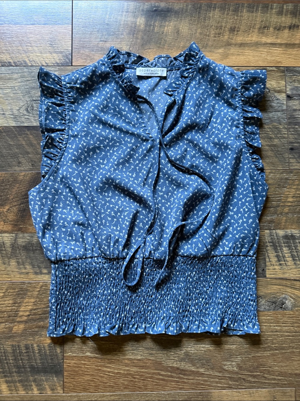 Paper Crane Navy Blue Printed Ruffle-Sleeve Smocked Tank Medium